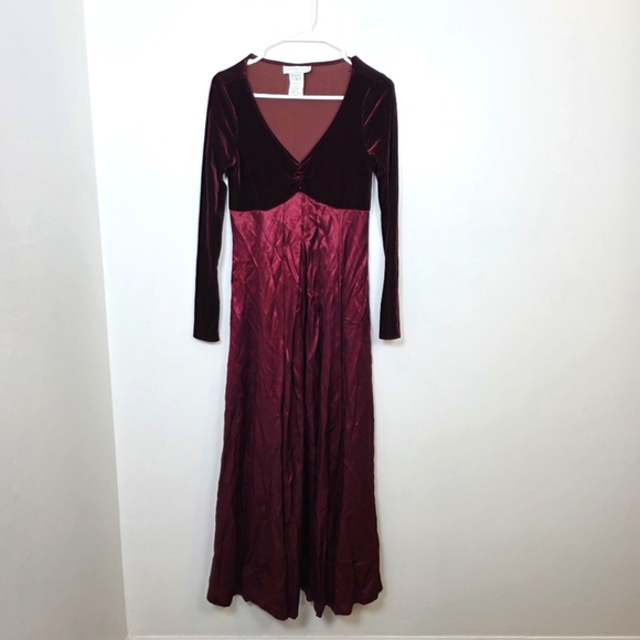 Scott Mcclintock Dark Red Velvet Satin Babydoll Long Sleeve Maxi Formal Dress 4 - Picture 1 of 7